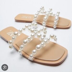 Zara Tan Sandals with Pearl Embellishments